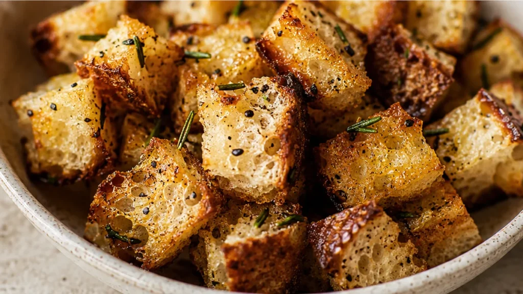 " Crispy Sourdough Croutons: Soup's Best Friend" - homemade croutons - Homemade croutons: craft these crunchy, garlicky sourdough croutons in just 20 minutes. P