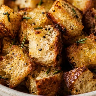 " Crispy Sourdough Croutons: Soup's Best Friend" - homemade croutons - Homemade croutons: craft these crunchy, garlicky sourdough croutons in just 20 minutes. P