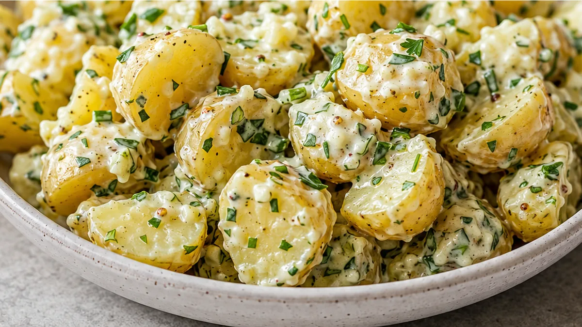 Creamy Herb & Garlic Potato Salad - Potato salad: make this creamy herb and garlic version for your next gathering. A zesty dressing with apple cider vinegar ma