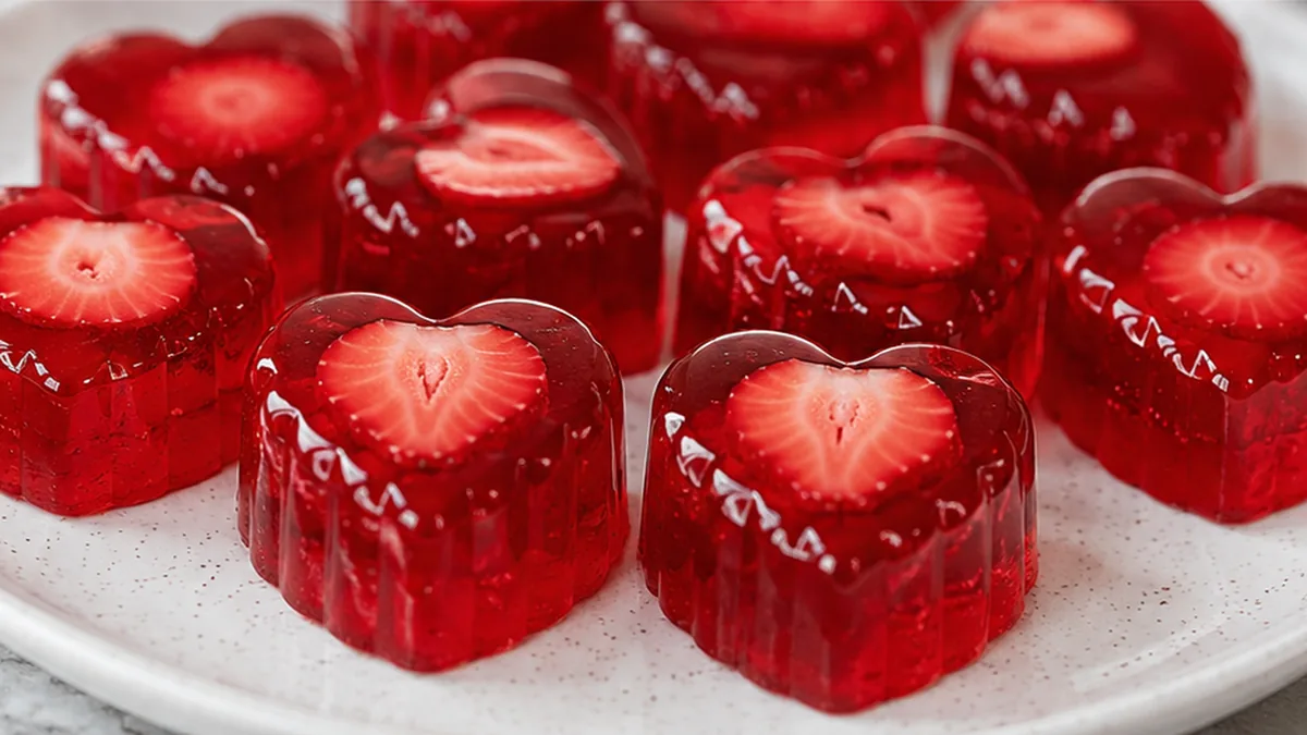 Jiggly Strawberry Jello Hearts - Strawberry jello: craft these adorable, jiggly heart-shaped desserts with ease. A simple, two-ingredient vegan recipe perfect f