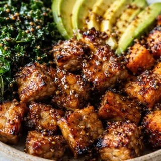 Maple-Mustard Tempeh Bowls: Fall Obsession! Tempeh bowls: enjoy this vibrant Maple-Mustard Fall Favorite. Roasted tempeh, sweet potatoes, and massaged kale crea