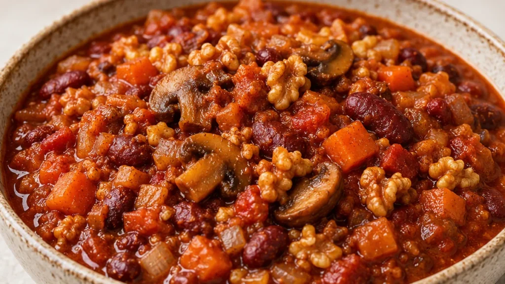 ️ Hearty Vegetarian Chili: So Flavorful, You Won't Miss the Meat! Vegetarian Chili: cook this hearty, flavorful chili packed with walnuts and mushrooms. A satis