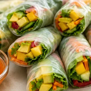 Fresh Veggie Spring Rolls with Zesty Mango Sauce! Veggie spring rolls: assemble these refreshing, bright rolls with creamy avocado and crisp vegetables. Serve w