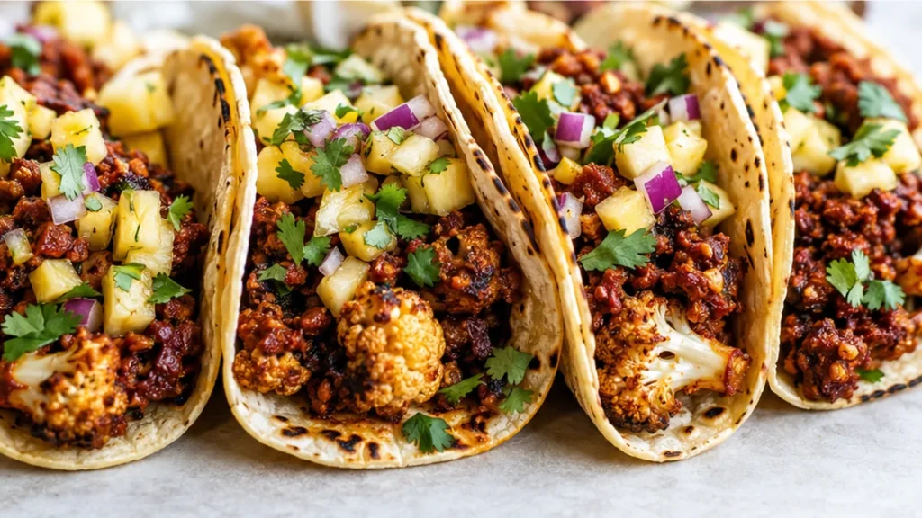 Walnut Chorizo Tacos with Pineapple Salsa - Walnut Chorizo Tacos: savor this plant-based recipe featuring a spiced walnut 'chorizo' and a fresh pineapple salsa.