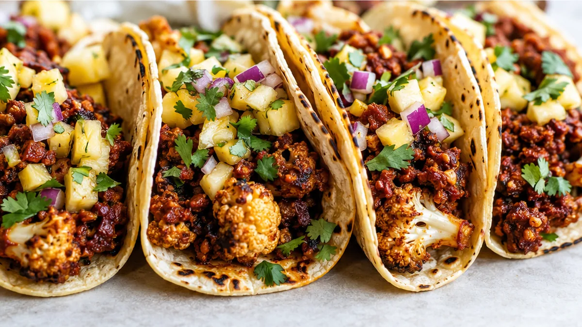 Walnut Chorizo Tacos with Pineapple Salsa - Walnut Chorizo Tacos: savor this plant-based recipe featuring a spiced walnut 'chorizo' and a fresh pineapple salsa.