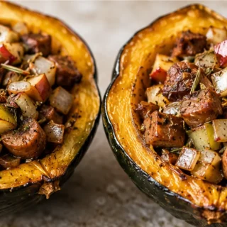 Cozy Vegan Stuffed Acorn Squash: Fall's Best Meal! Stuffed Acorn Squash: bake this hearty vegan dish with apple and sage sausage. Perfect for a comforting fall