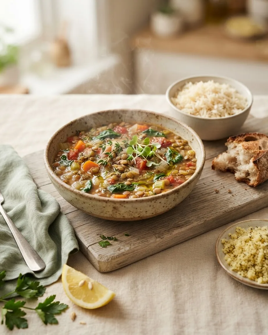 A steaming bowl of lentil and vegetable soup with herbs beside rice, couscous, crusty bread, and a lemon wedge.