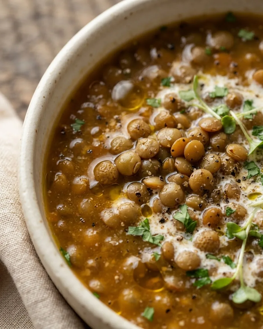 Close-up of a rustic bowl of brown lentil soup topped with herbs, cream, black pepper, and olive oil.