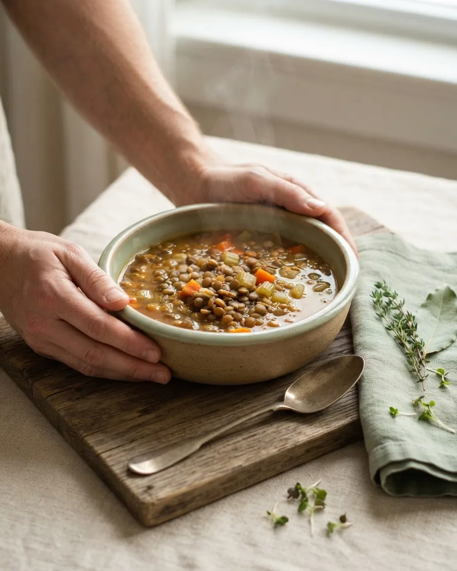 Hands setting down a ceramic bowl of lentil soup on a wooden board beside a spoon, herbs, and a green napkin.
