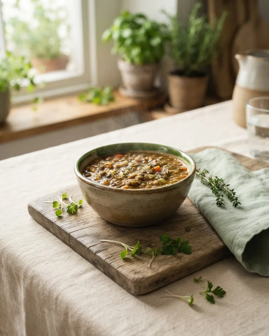 A rustic ceramic bowl of thick lentil soup sits on a wooden board beside a green napkin and fresh herbs.