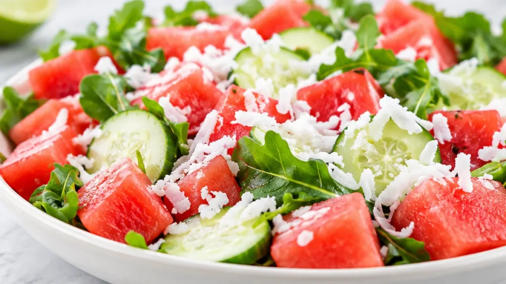 Refreshing Watermelon Cucumber Salad! Watermelon cucumber salad: assemble this tropical, healthy dish in minutes. A perfect light meal for a hot summer day, bur
